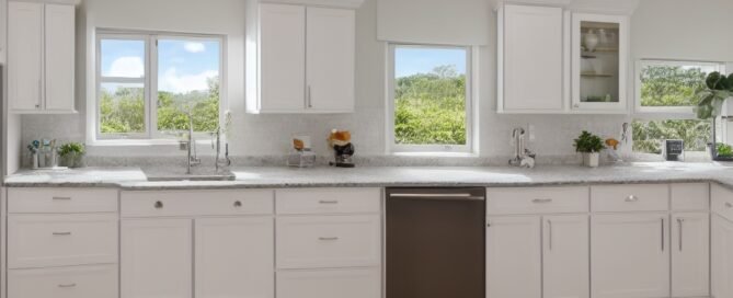 Modern kitchen with chrome faucet on granite countertop