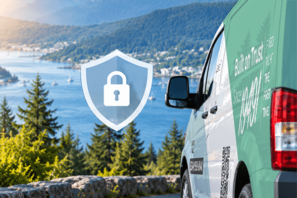 North Shore Plumbing & Heating privacy policy mobile image with a white service van, security shield, and North Shore mountains.