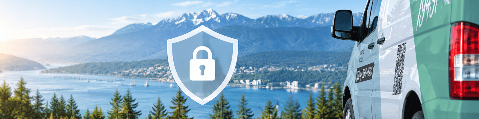 North Shore Plumbing & Heating privacy policy featuring a white service van overlooking the North Shore mountains in British Columbia.